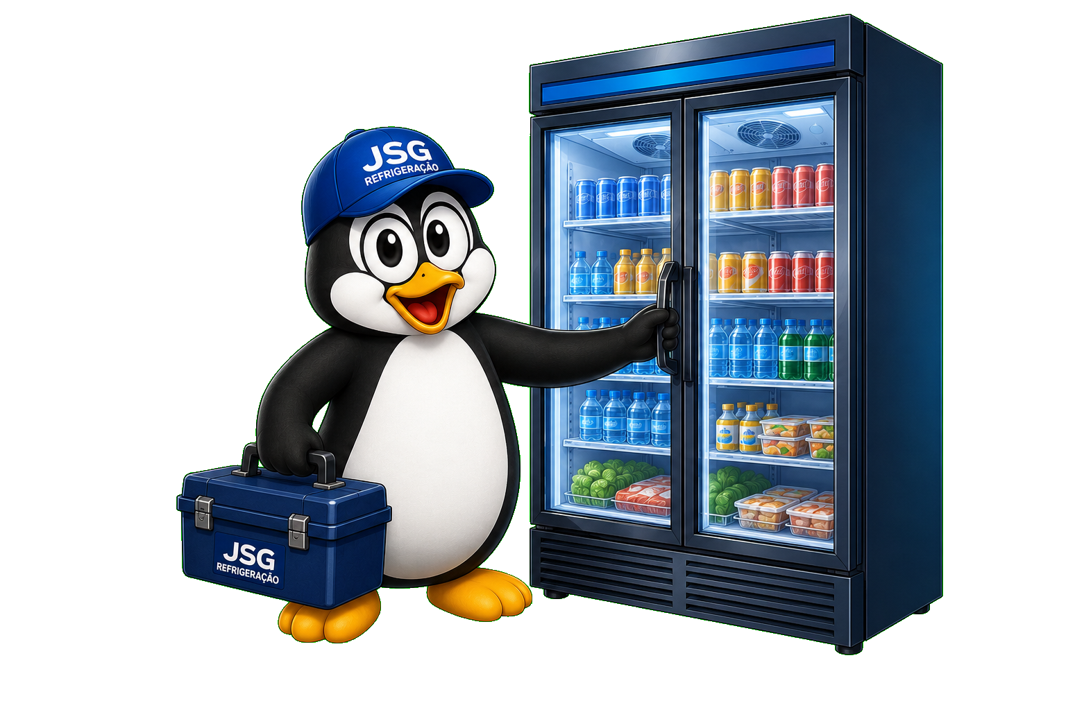 Mascote oficial da JSG segurando a porta de uma geladeira expositora comercial